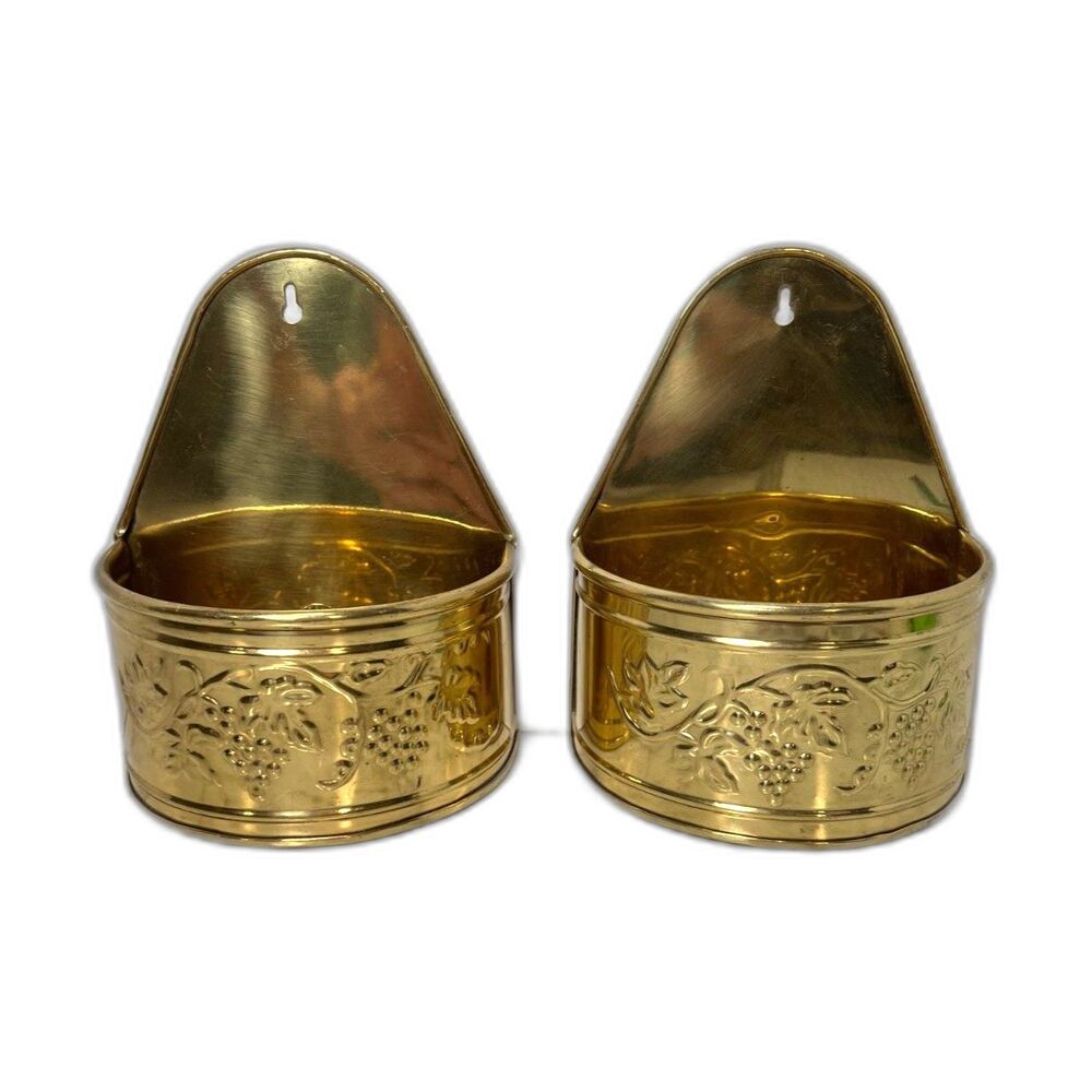 Brass Wall Pockets Embossed Grape Vine Planters Set of 2 Vintage Metalware